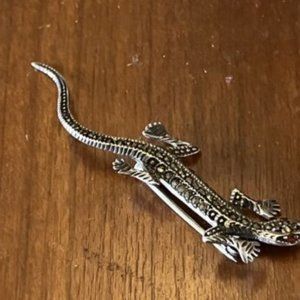 925 Lizard Brooch Pin Marcasite Body Gemstone Eyes Vintage Lifelike 2.25"